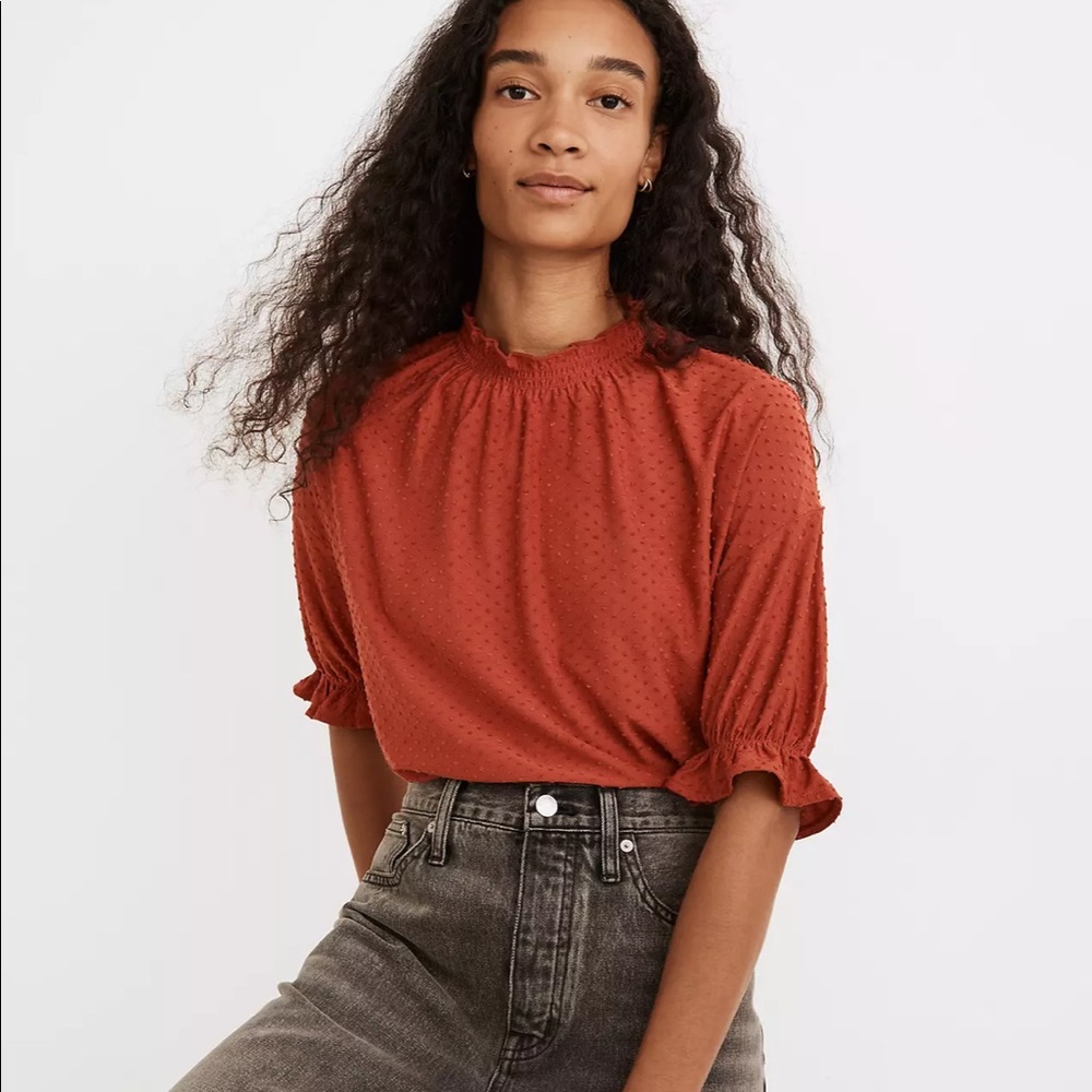 Madewell Clipdot Ruffle Top in Etruscan Clay